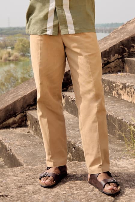 Kharakapas_Beige Twill, Cotton Falcon Finess Trouser _Online_at_Aza_Fashions
