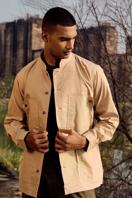 Kharakapas_Beige Twill, Cotton Vesper Jacket _Online_at_Aza_Fashions