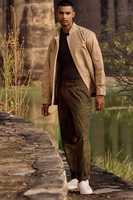 Buy_Kharakapas_Beige Twill, Cotton Vesper Jacket _Online_at_Aza_Fashions