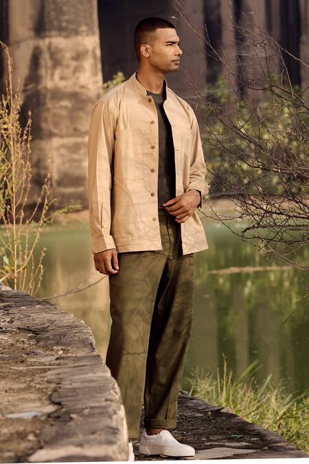 Shop_Kharakapas_Beige Twill, Cotton Vesper Jacket _Online_at_Aza_Fashions