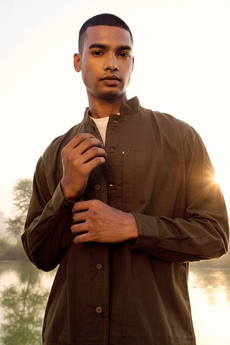 Kharakapas_Green Twill, Cotton Eagle Eye Jacket _Online_at_Aza_Fashions