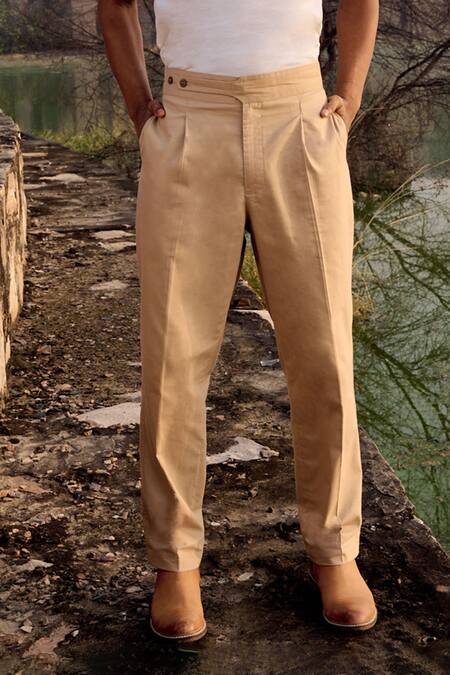 Kharakapas_Beige Oxford, Cotton Woodpecker Plain Trouser _Online_at_Aza_Fashions