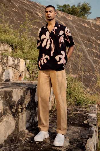 Buy_Kharakapas_Black Cotton Raven Wing Lino Printed Shirt _Online_at_Aza_Fashions