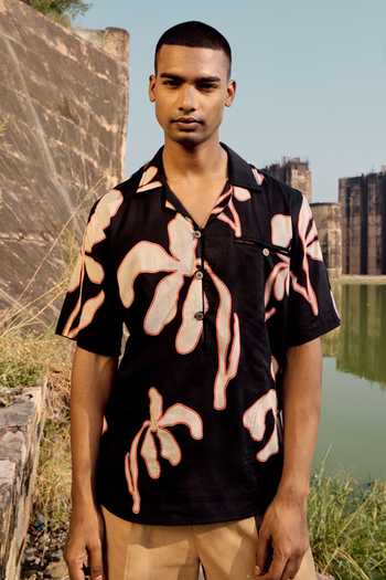 Shop_Kharakapas_Black Cotton Raven Wing Lino Printed Shirt _Online_at_Aza_Fashions