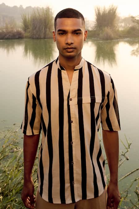 Shop_Kharakapas_Black Cotton Crested Crane Shirt _Online_at_Aza_Fashions