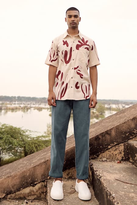 Kharakapas_Off White Denim Cardinal Printed Shirt _Online_at_Aza_Fashions
