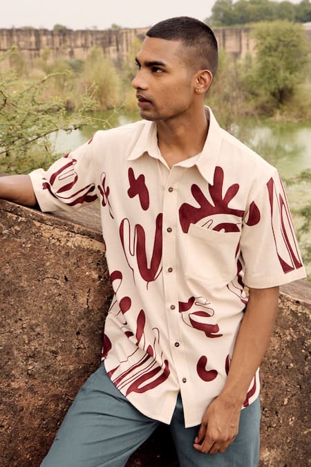 Buy_Kharakapas_Off White Denim Cardinal Printed Shirt _Online_at_Aza_Fashions