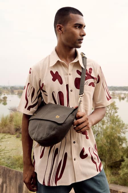 Shop_Kharakapas_Off White Denim Cardinal Printed Shirt _Online_at_Aza_Fashions