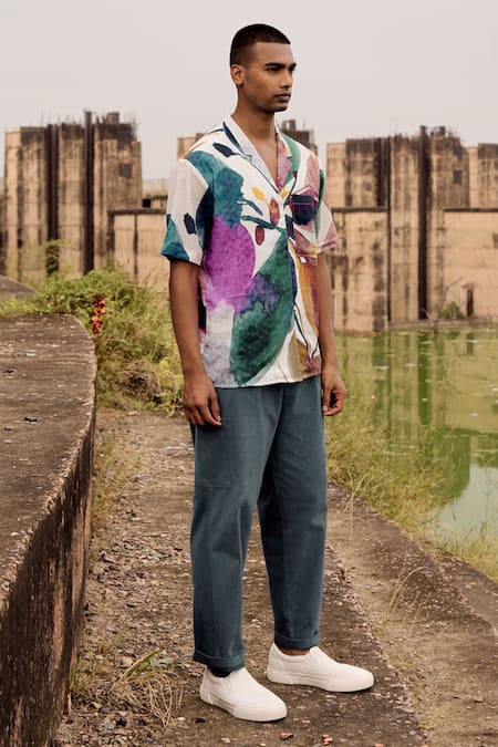 Buy_Kharakapas_Blue Twill, Cotton Pleated Trouser _Online_at_Aza_Fashions