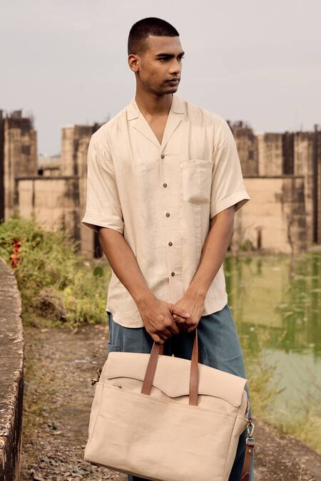 Kharakapas_Cream Linen Swan Song Lapel Collar Shirt _Online_at_Aza_Fashions