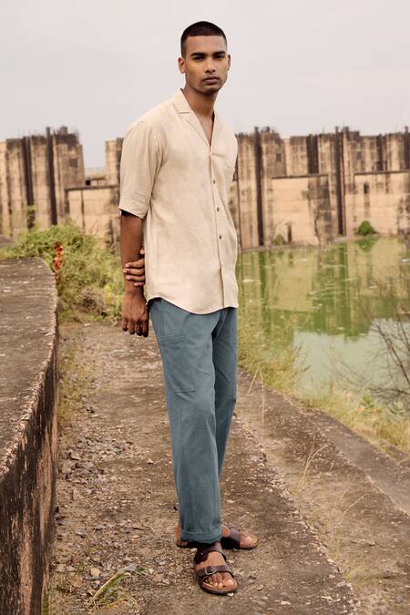 Buy_Kharakapas_Cream Linen Swan Song Lapel Collar Shirt _Online_at_Aza_Fashions