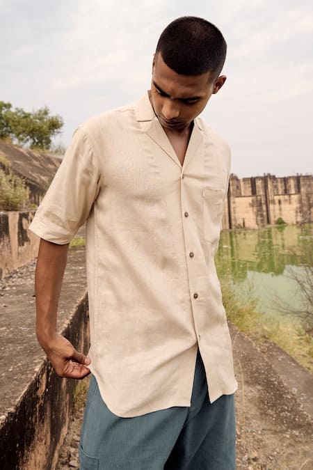 Shop_Kharakapas_Cream Linen Swan Song Lapel Collar Shirt _Online_at_Aza_Fashions