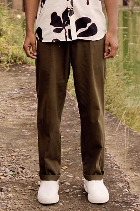 Kharakapas_Green Twill, Cotton Olivebird Pleated Trouser _Online_at_Aza_Fashions