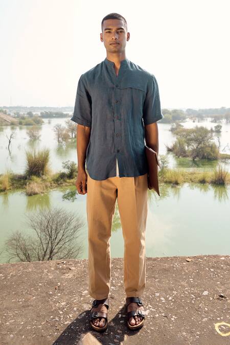 Kharakapas_Blue Linen Monochrome Shirt _Online_at_Aza_Fashions