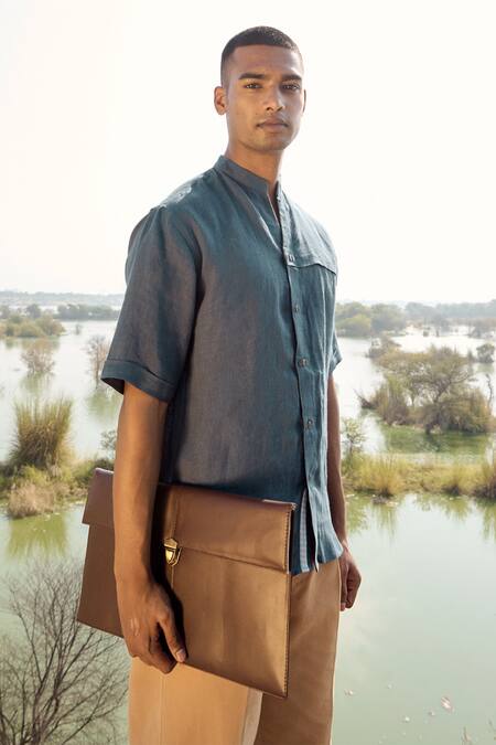 Buy_Kharakapas_Blue Linen Monochrome Shirt _Online_at_Aza_Fashions