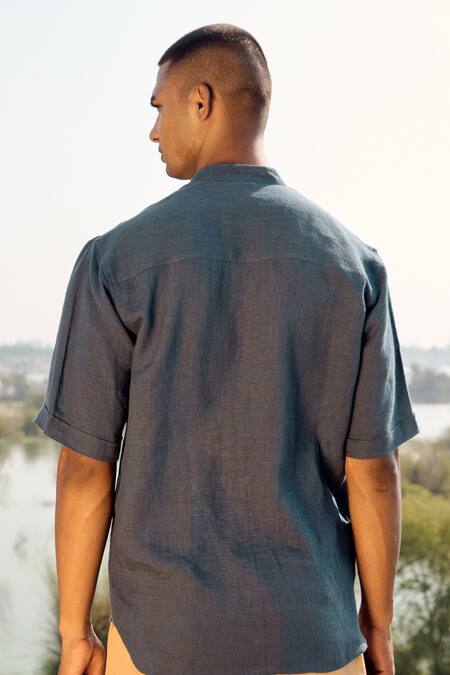 Shop_Kharakapas_Blue Linen Monochrome Shirt _Online_at_Aza_Fashions