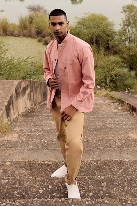 Kharakapas_Peach Twill, Cotton Spoonbill Solid Shirt _Online_at_Aza_Fashions