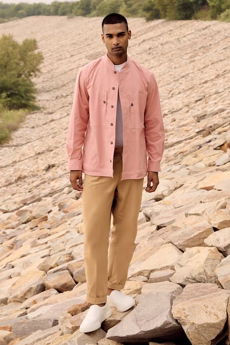 Shop_Kharakapas_Peach Twill, Cotton Spoonbill Solid Shirt _Online_at_Aza_Fashions