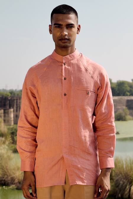 Kharakapas_Pink Linen Coral Crane Shirt _Online_at_Aza_Fashions