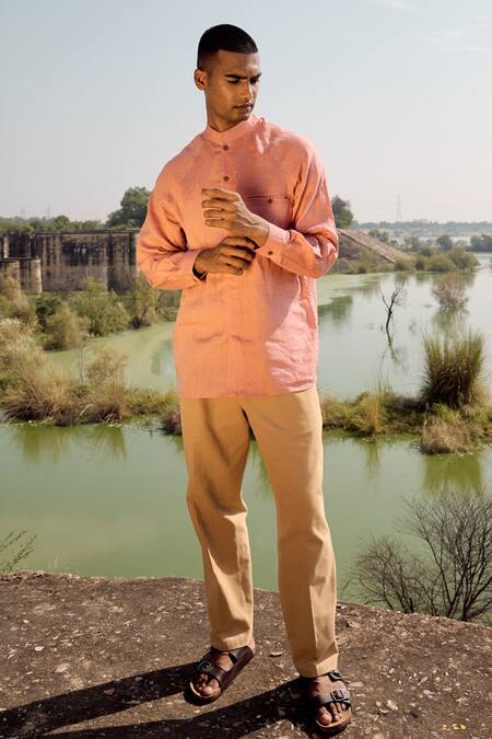 Buy_Kharakapas_Pink Linen Coral Crane Shirt _Online_at_Aza_Fashions