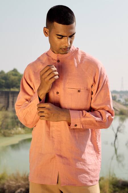 Shop_Kharakapas_Pink Linen Coral Crane Shirt _Online_at_Aza_Fashions