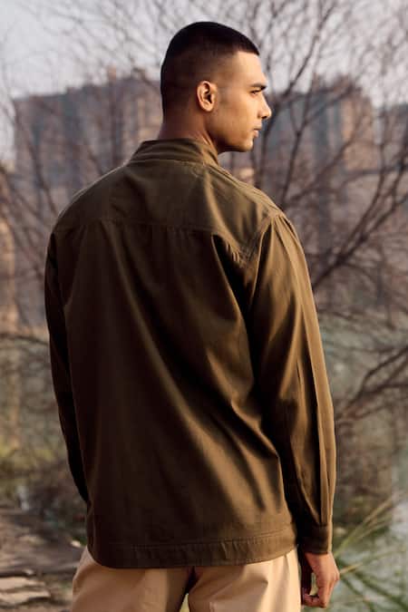 Shop_Kharakapas_Green Twill, Cotton Eagle Eye Jacket _at_Aza_Fashions