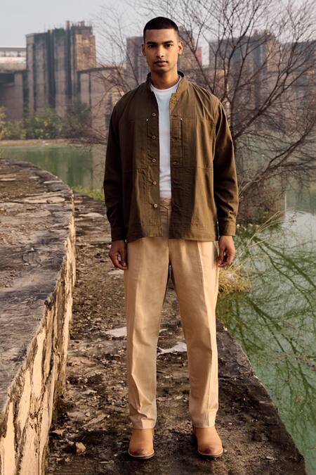 Buy_Kharakapas_Green Twill, Cotton Eagle Eye Jacket _Online_at_Aza_Fashions