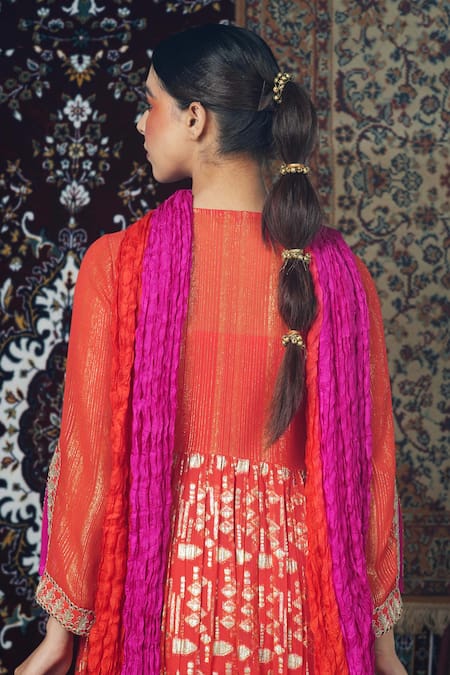Jyoti Bansal_Orange Lurex, Georgette, Silk, Crepe Geometric Pattern Gathered Anarkali Set _Online_at_Aza_Fashions