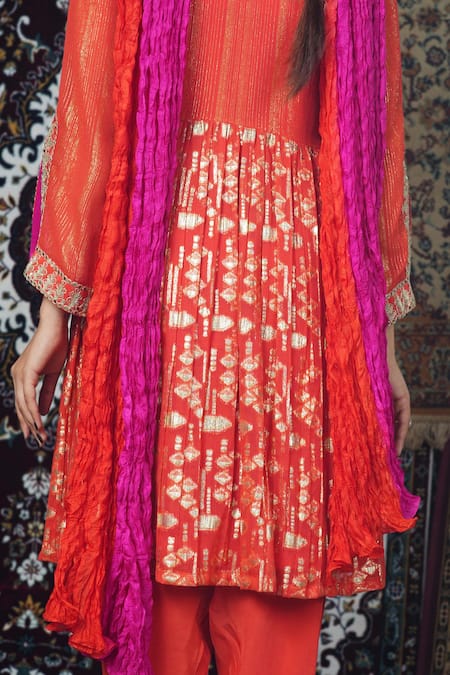 Buy_Jyoti Bansal_Orange Lurex, Georgette, Silk, Crepe Geometric Pattern Gathered Anarkali Set _Online_at_Aza_Fashions