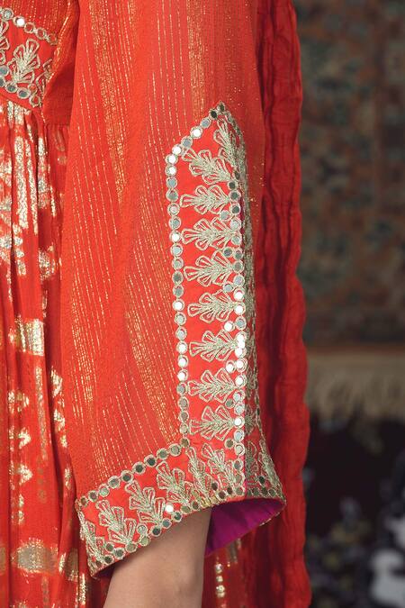 Shop_Jyoti Bansal_Orange Lurex, Georgette, Silk, Crepe Geometric Pattern Gathered Anarkali Set _Online_at_Aza_Fashions