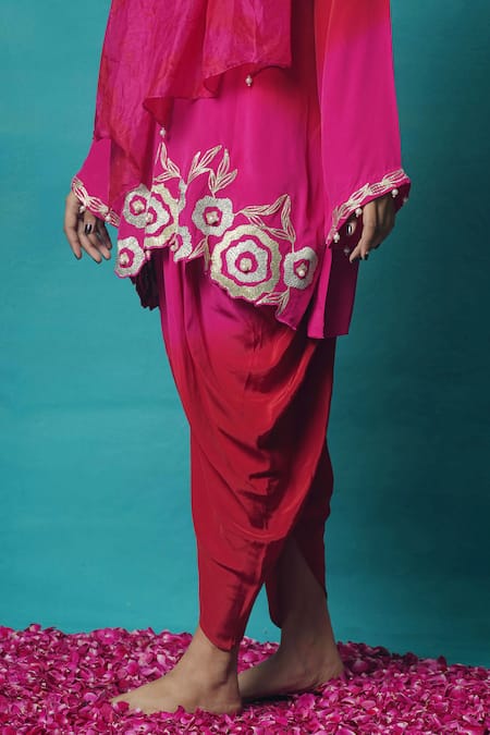 Buy_Jyoti Bansal_Pink Crepe, Silk Pearls, Cut Work V-neck Hand Tie And Dye Kurta Dhoti Pant Set _Online_at_Aza_Fashions