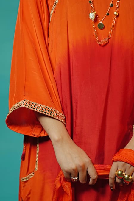 Buy_Jyoti Bansal_Coral Crepe, Silk, Cotton Tassels, Mirrors Round Dori And Embroidered Kurta Set _Online_at_Aza_Fashions