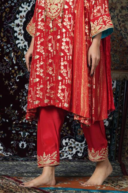 Jyoti Bansal_Red Georgette, Silk, Crepe Embroidery, Tassels, Mirrors Dori Yoke Kurta Set_Online_at_Aza_Fashions