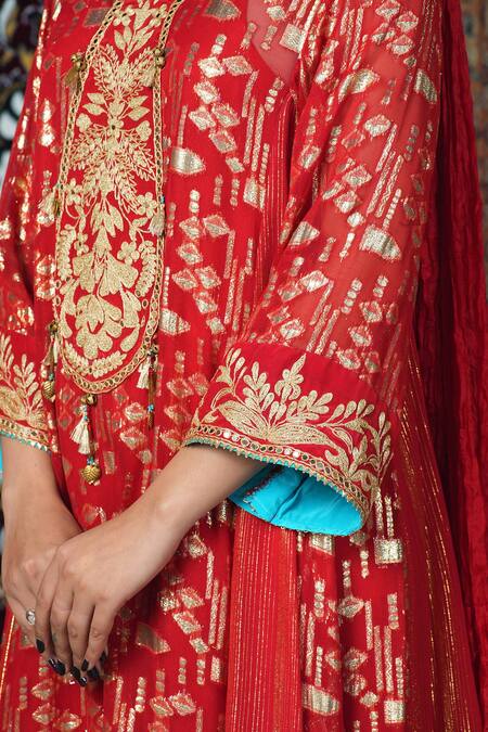 Buy_Jyoti Bansal_Red Georgette, Silk, Crepe Embroidery, Tassels, Mirrors Dori Yoke Kurta Set_Online_at_Aza_Fashions