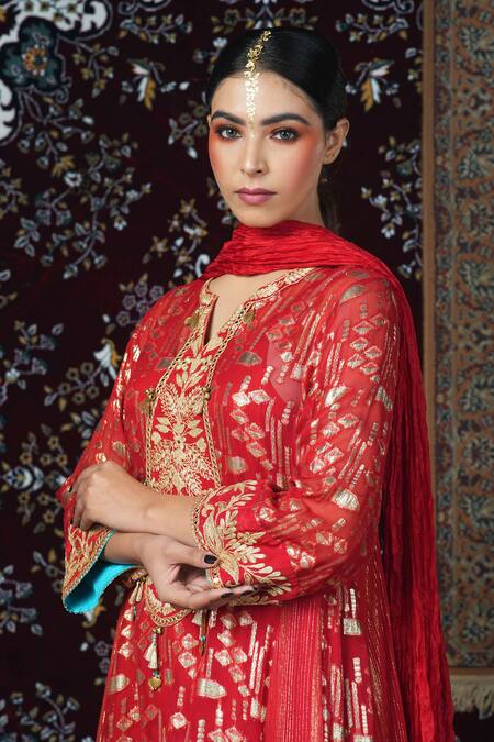 Shop_Jyoti Bansal_Red Georgette, Silk, Crepe Embroidery, Tassels, Mirrors Dori Yoke Kurta Set_Online_at_Aza_Fashions