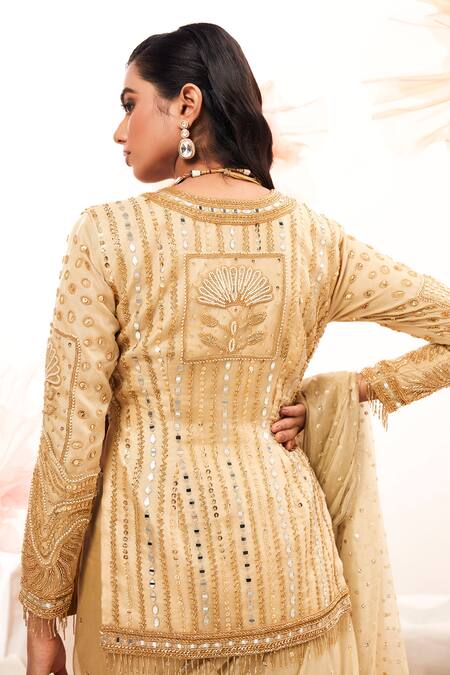 Payal & Zinal_Gold Silk, Ramie Sequins, Cut Work, Embroidered Saree With Full Sleeve Blouse _Online_at_Aza_Fashions