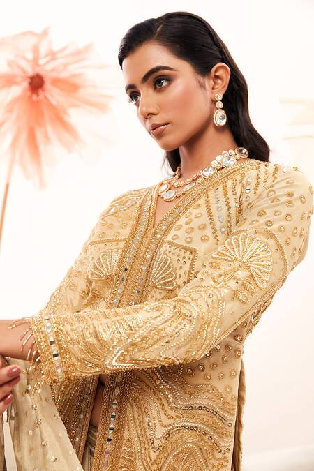 Buy_Payal & Zinal_Gold Silk, Ramie Sequins, Cut Work, Embroidered Saree With Full Sleeve Blouse _Online_at_Aza_Fashions