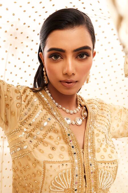 Payal & Zinal_Gold Silk, Ramie Sequins, Cut Work, Embroidered Saree With Full Sleeve Blouse _at_Aza_Fashions