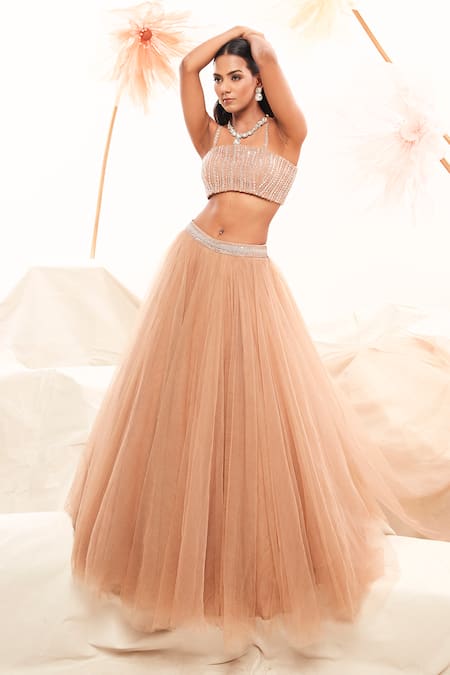 Shop_Payal & Zinal_Pink Net, Organza Sequins, Crystals, Embroidery Square Stripe Cape Lehenga Set _Online_at_Aza_Fashions