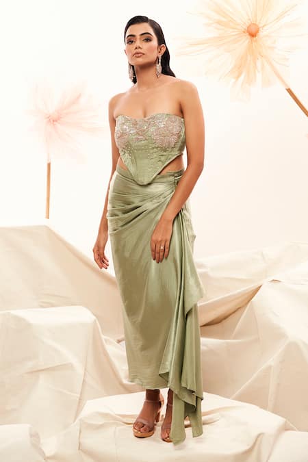 Payal & Zinal_Pink Silk, Organza Crystals, Cut Leaf Embroidered Cape And Draped Lehenga Set _Online_at_Aza_Fashions