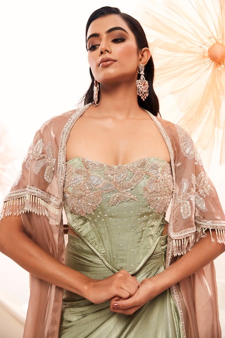Shop_Payal & Zinal_Pink Silk, Organza Crystals, Cut Leaf Embroidered Cape And Draped Lehenga Set _Online_at_Aza_Fashions