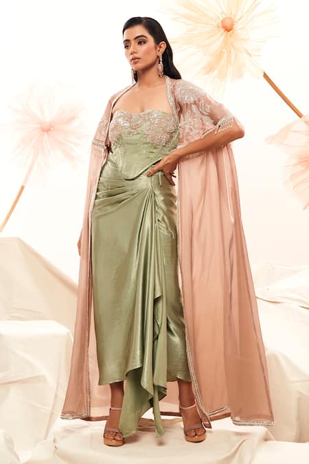 Payal & Zinal_Pink Silk, Organza Crystals, Cut Leaf Embroidered Cape And Draped Lehenga Set _at_Aza_Fashions