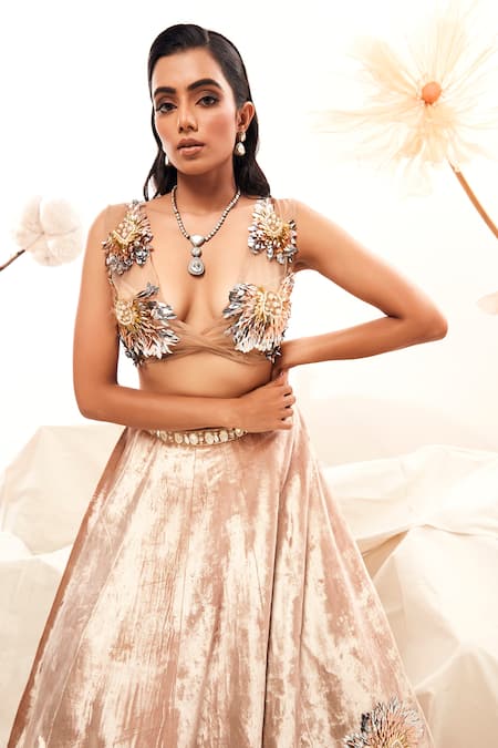 Shop_Payal & Zinal_Gold Velvet, Organza Pearls, Sequins, Mirrors Embroidered Lehenga And Blouse Set _Online_at_Aza_Fashions