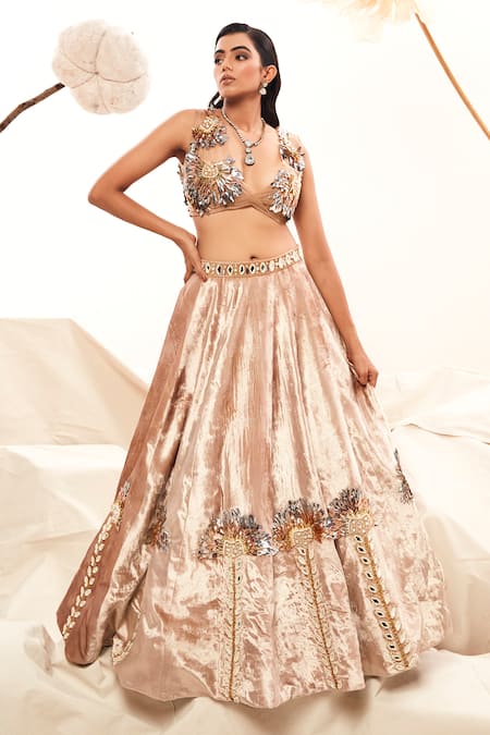 Payal & Zinal_Gold Velvet, Organza Pearls, Sequins, Mirrors Embroidered Lehenga And Blouse Set _at_Aza_Fashions