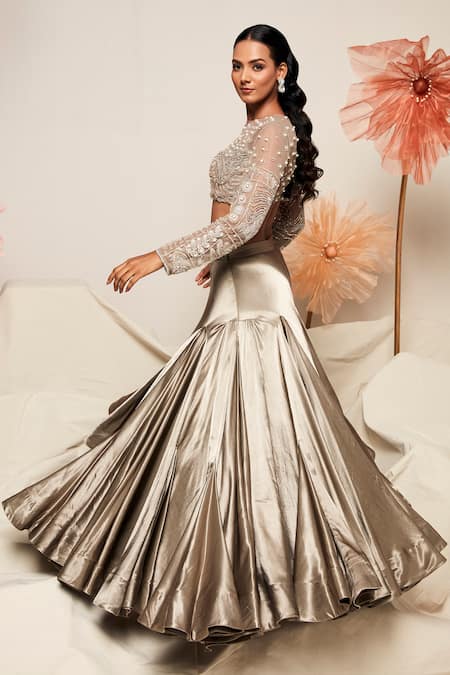 Payal & Zinal_Grey Net, Gabardine, Gingham Sequins, Cut Work, Embroidered Blouse And Lehenga Set _at_Aza_Fashions