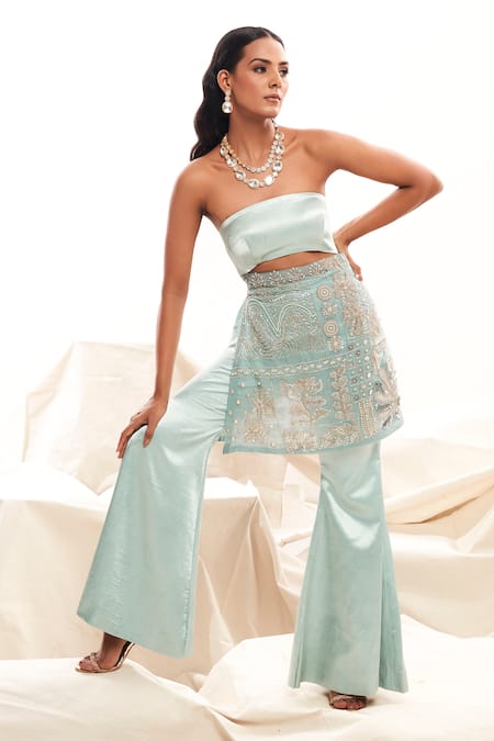 Payal & Zinal Blue Gajji Silk Embroidery Pearl Straight Neck Kurta And Flared Pant Set 