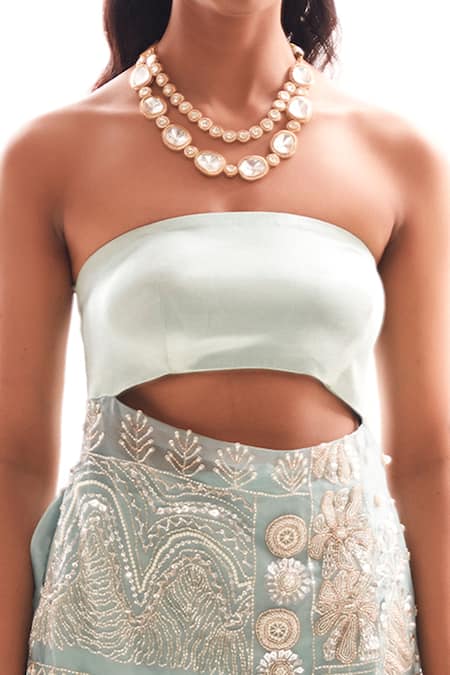 Payal & Zinal_Blue Gingham, Organza, Gabardine, Silk Embroidered Kurta And Flared Pant Set _Online_at_Aza_Fashions