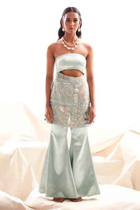 Buy_Payal & Zinal_Blue Gingham, Organza, Gabardine, Silk Embroidered Kurta And Flared Pant Set _Online_at_Aza_Fashions