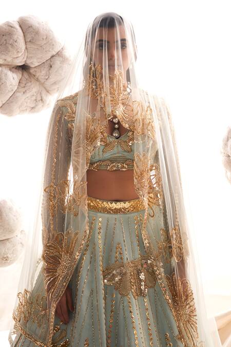 Payal & Zinal_Blue Gingham, Net, Gabardine Sequins, Beads, Dragonfly Bridal Lehenga Set _Online_at_Aza_Fashions