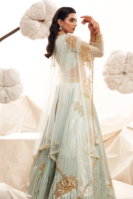 Buy_Payal & Zinal_Blue Gingham, Net, Gabardine Sequins, Beads, Dragonfly Bridal Lehenga Set _Online_at_Aza_Fashions